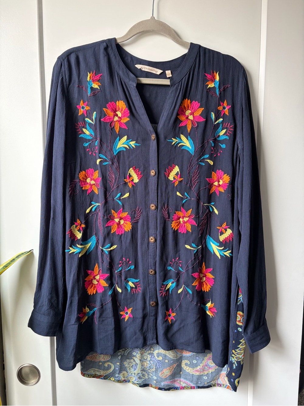 Soft Surroundings Navy Button-Front Embroidered Floral Tunic